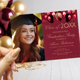 Convite Gold Burgundy Balloons Graduation Party Photo