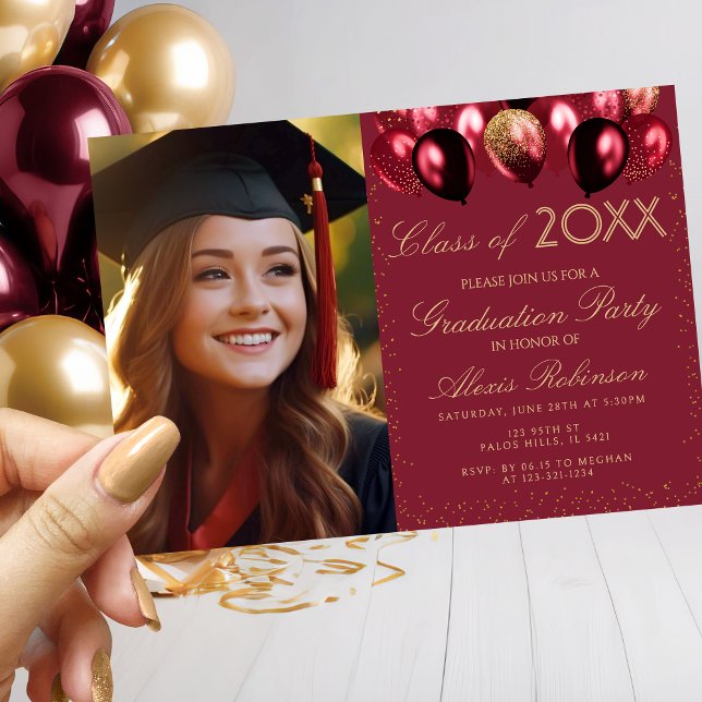 Convite Gold Burgundy Balloons Graduation Party Photo (Criador carregado)