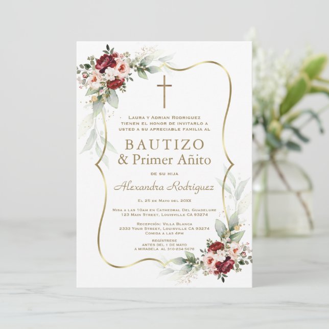 Convite Gold Burgundy Peach Flowers 1st Birthday Baptism  (Em pé/Frente)