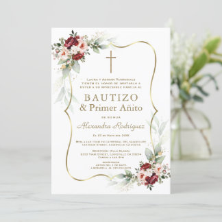 Convite Gold Burgundy Peach Flowers 1st Birthday Baptism 