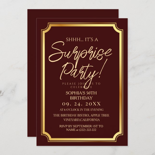 Convite Gold & Burgundy Surprise 50th Birthday Party (Frente/Verso)