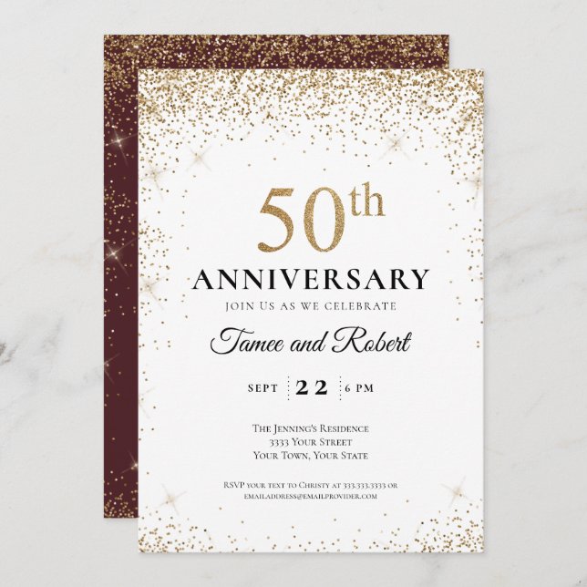 Convite Gold Burgundy White 50th Wedding Anniversary  (Frente/Verso)
