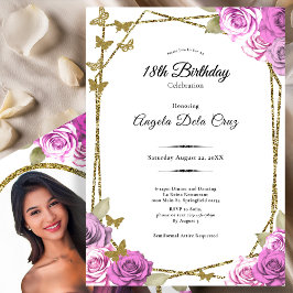 Convite Gold Butterflies Pink Roses 18th Debut Birthday