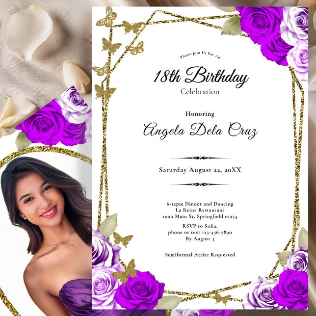 Convite Gold Butterflies Purple Roses 18th Debut Birthday (Criador carregado)