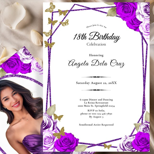 Convite Gold Butterflies Purple Roses 18th Debut Birthday (Criador carregado)
