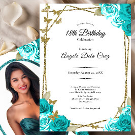 Convite Gold Butterflies Teal Roses 18th Debut Birthday