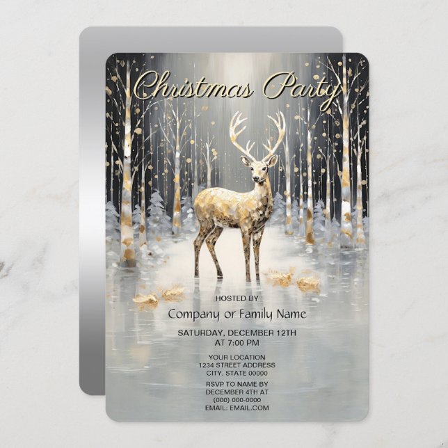 Convite Gold Christmas Reindeer Holiday Party Invitation (Frente/Verso)