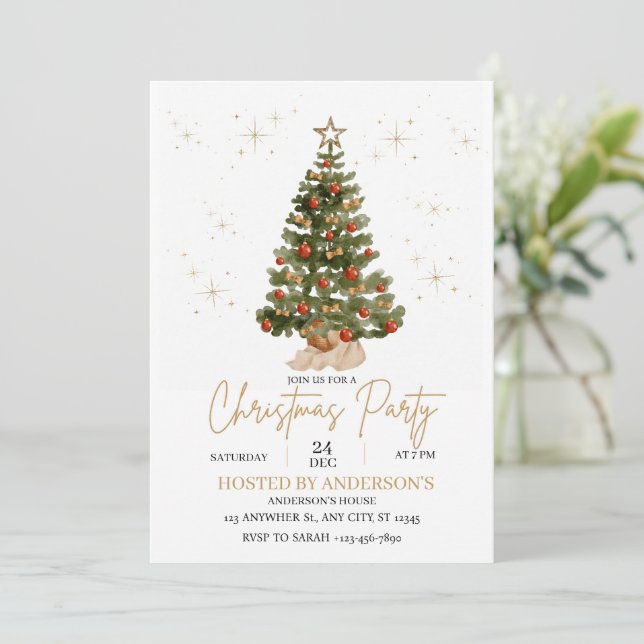 Convite   gold christmas tree party invite  (Em pé/Frente)