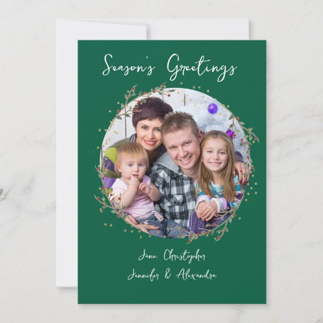 Convite Gold Circle & Green Family Photo Christmas Card (Frente)