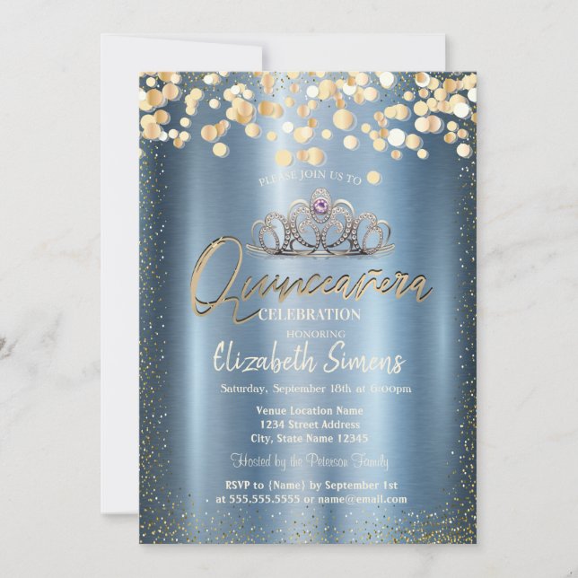 Convite Gold Confetti Dots,Tiara Blue Metallic Quinceañera (Frente)