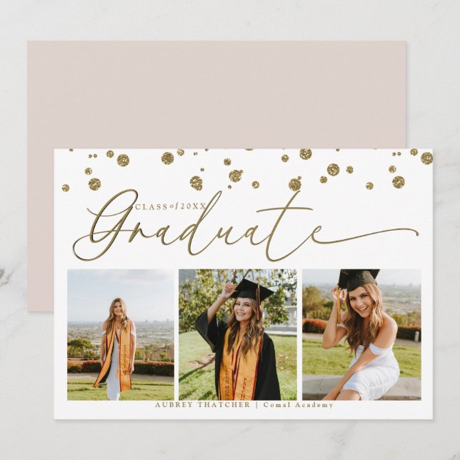 Convite Gold Confetti |  Photo Collage Graduation  (Frente/Verso)