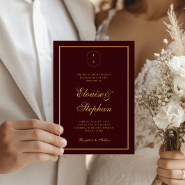 Convite Gold Crest Monogram Burgundy All in One Wedding