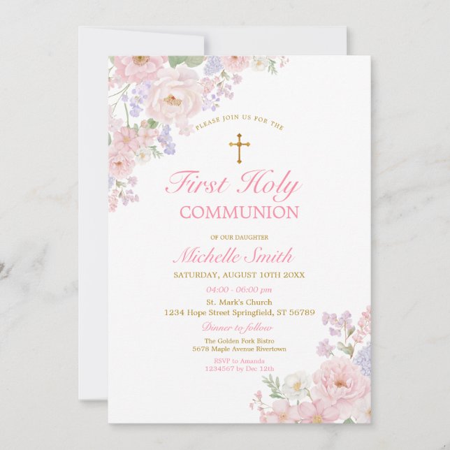 Convite Gold Cross Girl’s Communion Elegant Watercolor  (Frente)
