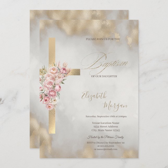 Convite  Gold Cross Pink Flowers Baptism Glitter Gold (Frente/Verso)