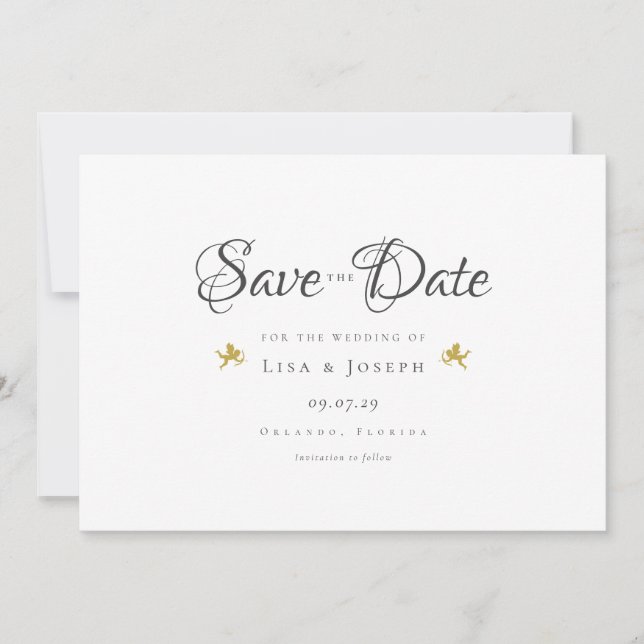Convite Gold Cupids Elegant Script Salve o Dia (Frente)