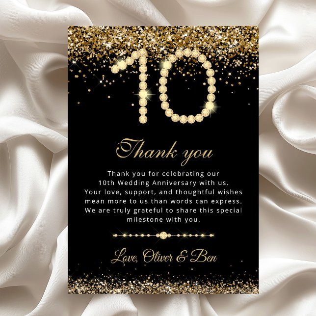 Convite Gold Diamonds 10th Anniversary Thank You Card (Gold Diamond 10th Anniversary wedding Thank you card)