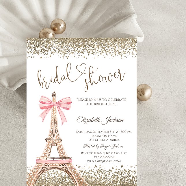 Convite Gold Diamonds Eiffel Tower Bow Bridal Shower  (Criador carregado)