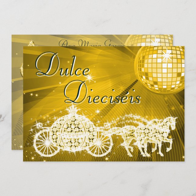 Convite Gold Disco Ball, Princess Coach & Horses Sweet 16 (Frente/Verso)