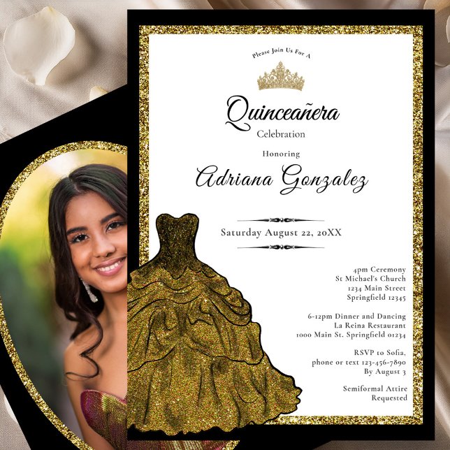 Convite Gold Dress and Tiara Custom Photo Quinceanera (Criador carregado)