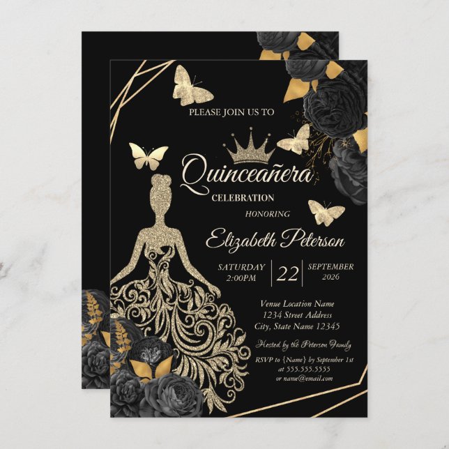 Convite Gold Dress,Butterfly Black Roses Quinceañera (Frente/Verso)