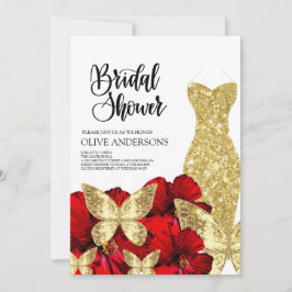 Convite Gold Dress Red Rose Floral Bridal Shower 