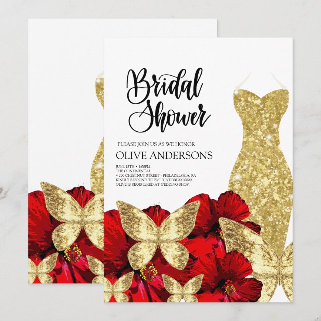 Convite Gold Dress Red Rose Floral Bridal Shower  (Frente/Verso)