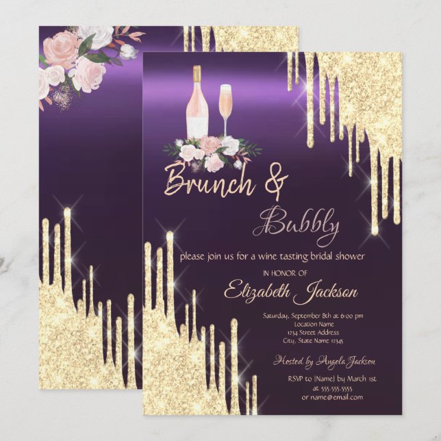 Convite Gold Drips Brunch & Bubbly Chuveiro de Noiva Roxo (Frente/Verso)