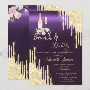 Convite Gold Drips Brunch & Bubbly Chuveiro de Noiva Roxo