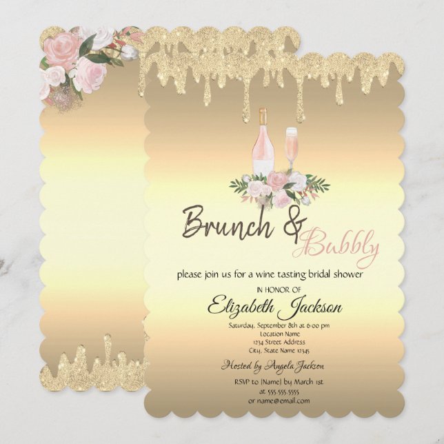Convite Gold Drips Brunch & Bubbly Flores Chá de Noiva (Frente/Verso)