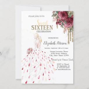 Convite Gold Drips,Vestido,Aquarela Rosas Sweet 16