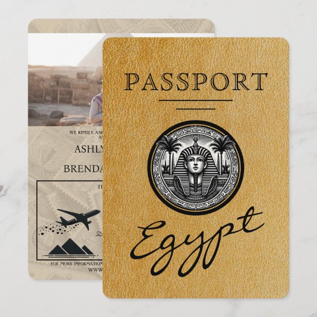 Convite Gold Egypt Passport Wedding Invitation (Frente/Verso)