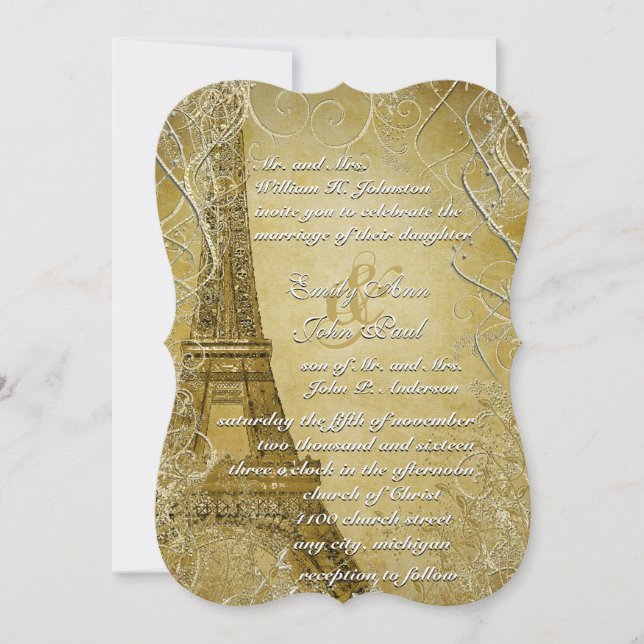 Convite Gold Eiffel Tower Swirl Leaves  (Frente)