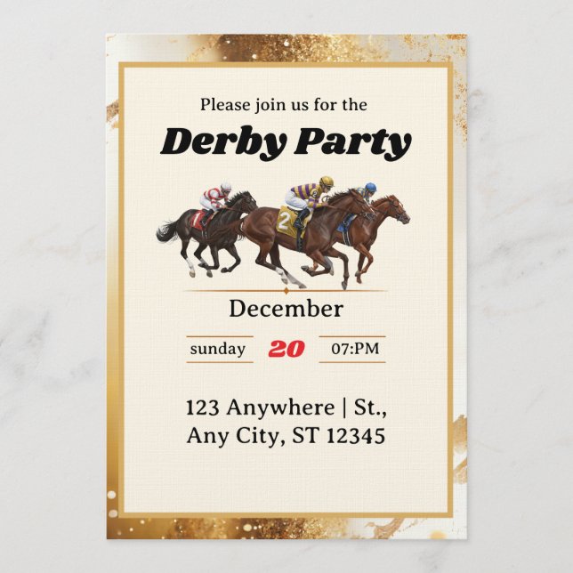 Convite Gold Elegant Horse Racing Derby Party Invitation (Frente)