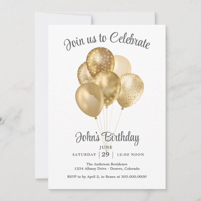 Convite Gold Faux Glitter Balloon Birthday Party (Frente)