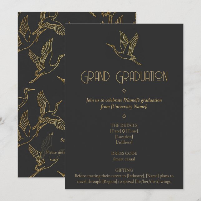 Convite Gold Filigree Art Deco | Crane Graduation (Frente/Verso)
