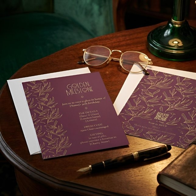 Convite Gold Filigree Art Deco | Fairy Wren 50th Birthday (Lifestyle Shot)