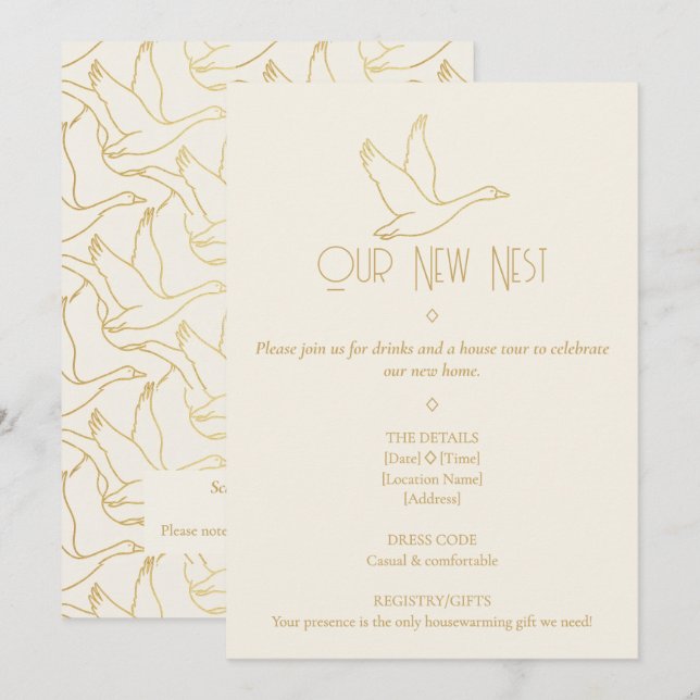 Convite Gold Filigree Art Deco | Goose Housewarming (Frente/Verso)