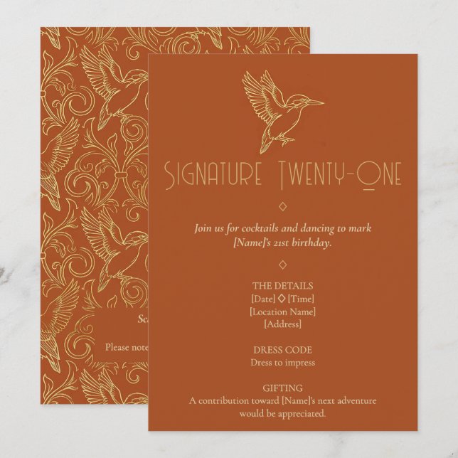 Convite Gold Filigree Art Deco | Kingfisher 21st Birthday (Frente/Verso)