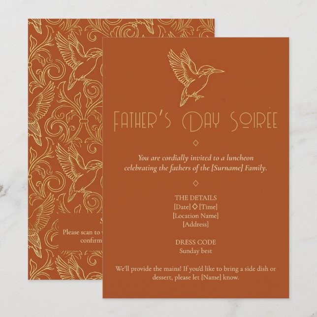 Convite Gold Filigree Art Deco | Kingfisher Father's Day (Frente/Verso)