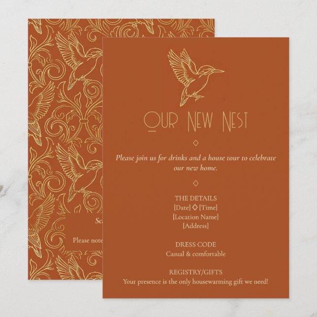 Convite Gold Filigree Art Deco | Kingfisher Housewarming (Frente/Verso)