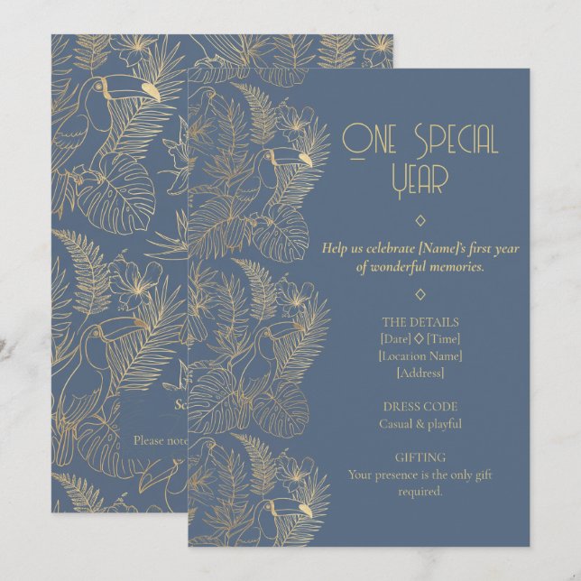 Convite Gold Filigree Art Deco | Toucan 1st Birthday (Frente/Verso)
