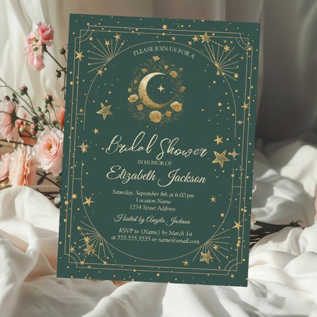 Convite Gold Floral Moon Stars Frame Green Bridal Shower (Criador carregado)