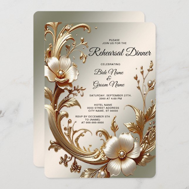 Convite Gold Floral Rehearsal Dinner (Frente/Verso)