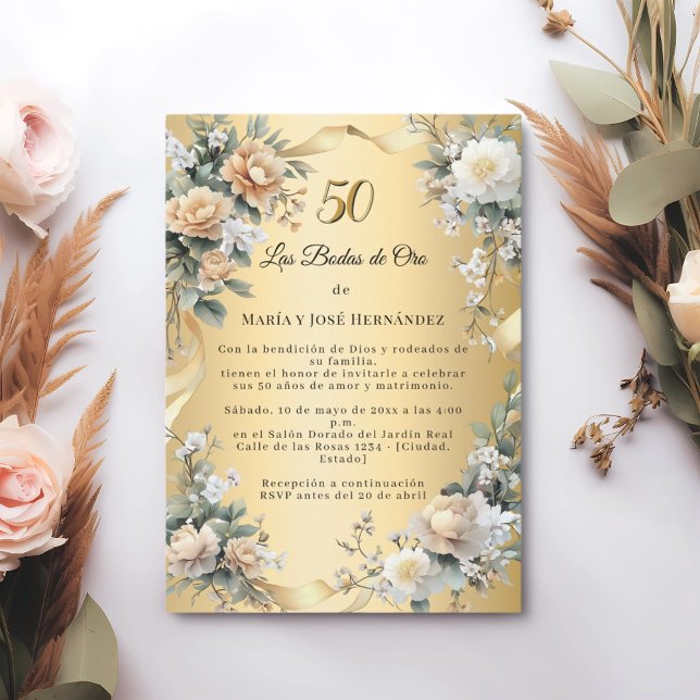 Convite Gold Florals Invitación Bodas de Oro (Criador carregado)