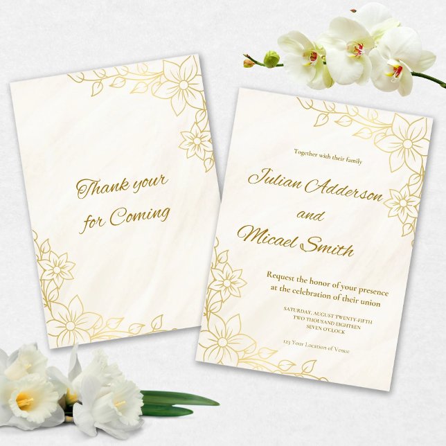 Convite Gold Flowery Wedding invitation (Criador carregado)