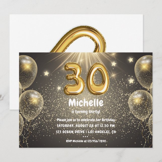 Convite Gold Foil Balloon e Confetti aniversário de 30 ano (Frente/Verso)