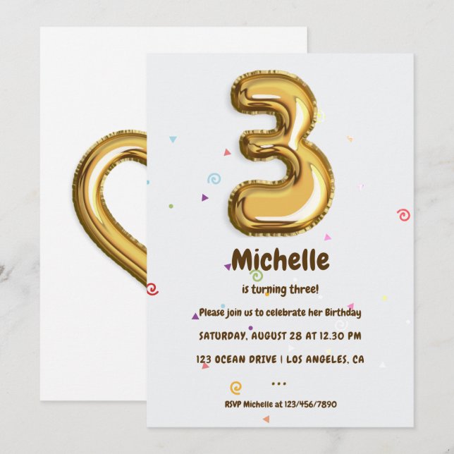 Convite Gold Foil Balloon e Confetti aniversário de 3 anos (Frente/Verso)