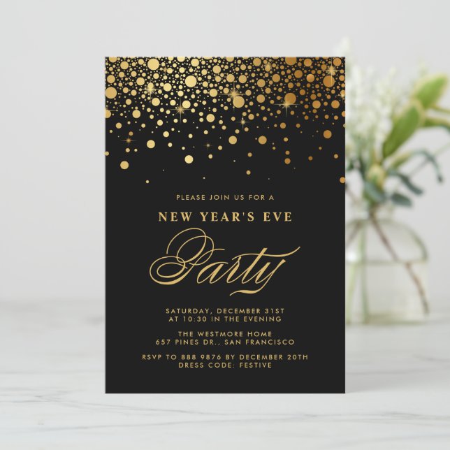 Convite Gold Foil Confetti Dots Black New Year's Eve Party (Em pé/Frente)