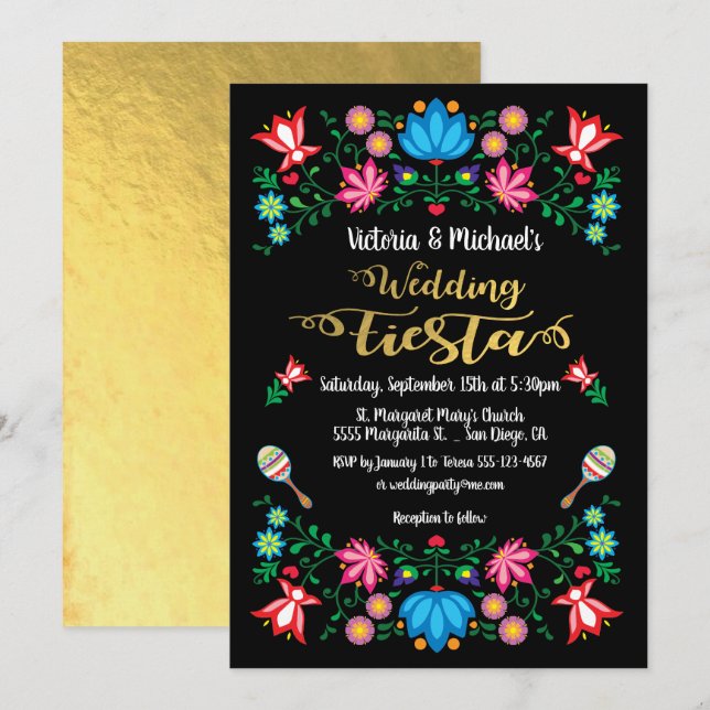 Convite Gold Foil Floral Mexicana Weding Fiesta (Frente/Verso)
