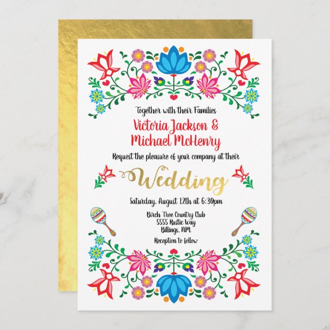Convite Gold Foil Floral Mexicana Weding Fiesta (Frente/Verso)